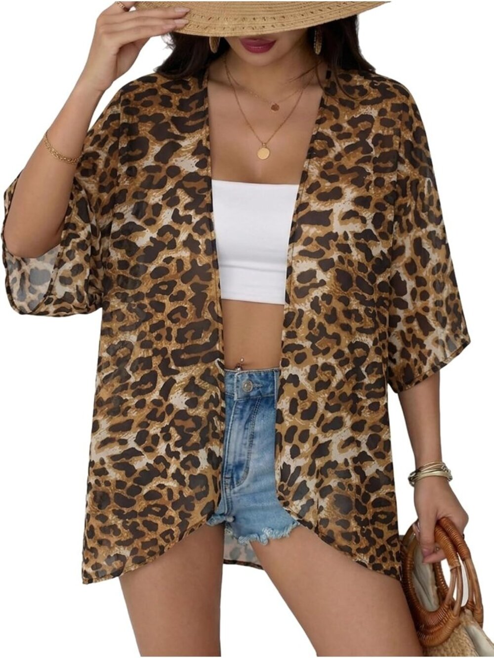 Womens Brown Leopard Chiffon Kimono Cardigan Open Front Blouse Swimwear Cover Up